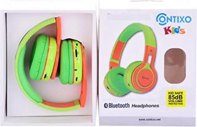 Alt view image 14 of 15 - Contixo KB-2600 Kid Safe 85dB Over The Ear Foldable Wireless Bluetooth Headphone with Volume Limiter, Built-in Micro Phone, Micro SD Card Music Player, FM Stereo Radio, Green + Orange