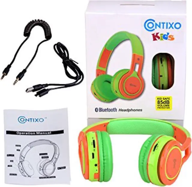 Alt view image 15 of 15 - Contixo KB-2600 Kid Safe 85dB Over The Ear Foldable Wireless Bluetooth Headphone with Volume Limiter, Built-in Micro Phone, Micro SD Card Music Player, FM Stereo Radio, Green + Orange