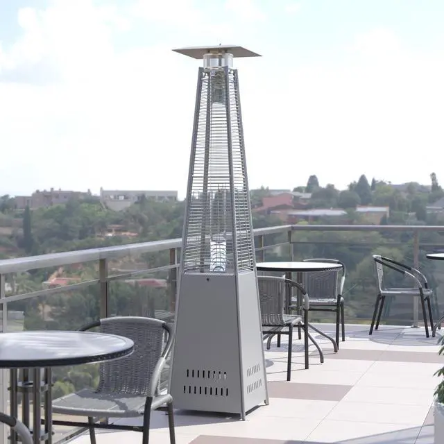 Alt view image 8 of 20 - Patio Outdoor Heating-Silver Stainless Steel Pyramid 42,000 BTU Propane Heater with Wheels for Commercial & Residential Use