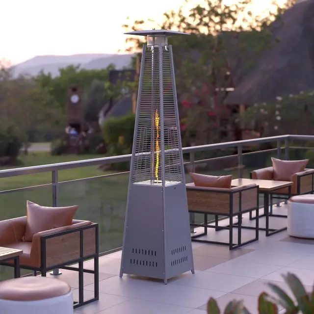 Alt view image 9 of 20 - Patio Outdoor Heating-Silver Stainless Steel Pyramid 42,000 BTU Propane Heater with Wheels for Commercial & Residential Use