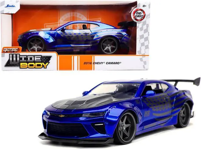 Alt view image 2 of 8 - 2016 Chevrolet Camaro Widebody Candy Blue with Gray Metallic Hood and American Flag Graphics "Bigtime Muscle" Series 1/24 Diecast Model Car by Jada