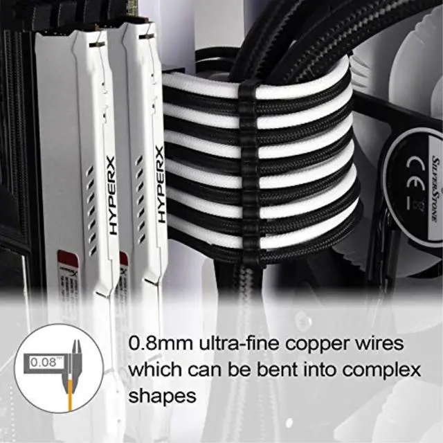 Alt view image 3 of 14 - SST-PP07E-MBBW,  24pin black-white sleeve extension cable, 18AWG, black cable comb x 4