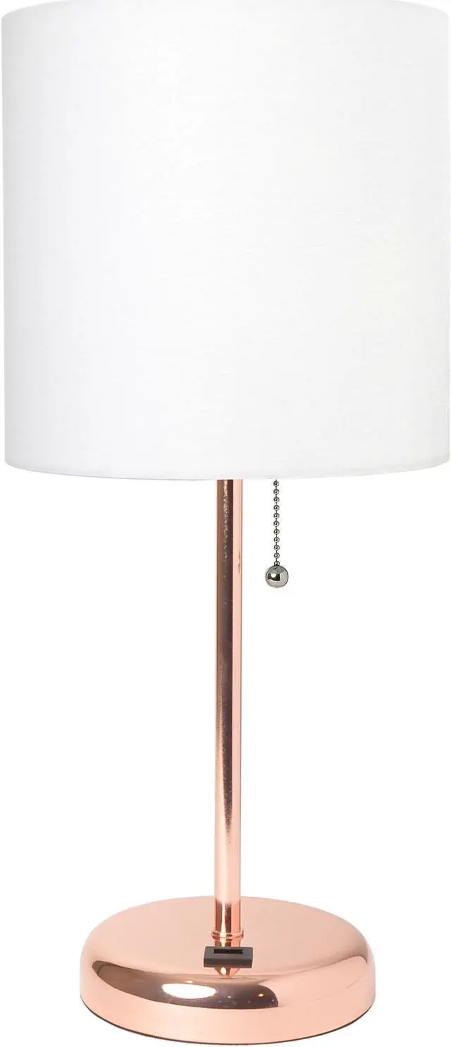 Main image of LimeLights Rose Gold Stick Lamp with USB charging port and Fabric Shade, White
