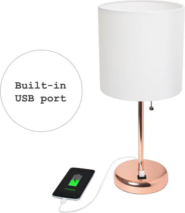 Alt view image 5 of 16 - LimeLights Rose Gold Stick Lamp with USB charging port and Fabric Shade, White