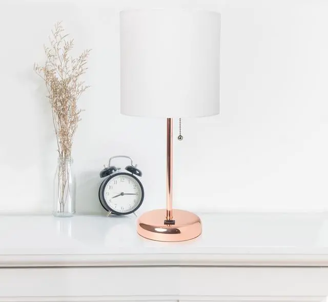 Alt view image 6 of 16 - LimeLights Rose Gold Stick Lamp with USB charging port and Fabric Shade, White