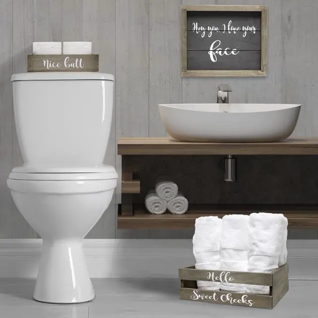 Alt view image 16 of 20 - Elegant Designs Three Piece Decorative Wood Bathroom Set, Small, Cheeky  (1 Towel Holder, 1 Frame, 1 Toilet Paper Holder)