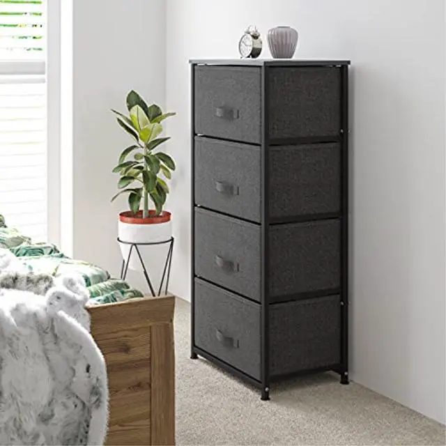 Alt view image 16 of 20 - 4 Drawer Wood Top Black Cast Iron Frame Vertical Storage Dresser with Dark Gray Easy Pull Fabric Drawers