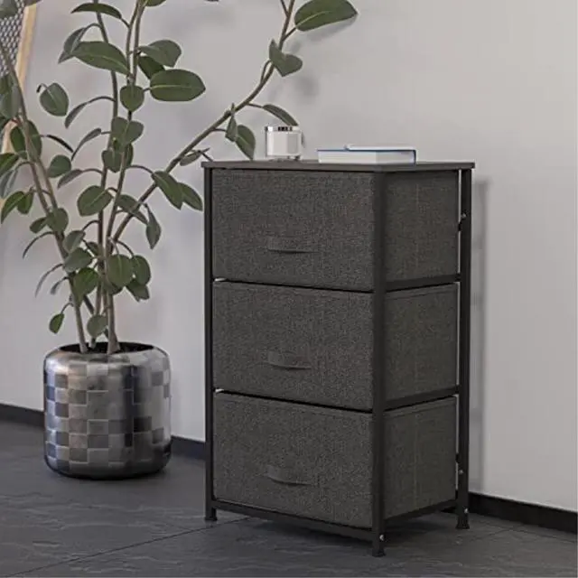 Alt view image 9 of 20 - 3 Drawer Wood Top Black Cast Iron Frame Vertical Storage Dresser with Dark Gray Easy Pull Fabric Drawers