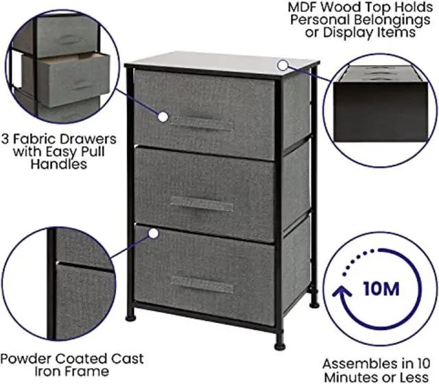 Alt view image 11 of 20 - 3 Drawer Wood Top Black Cast Iron Frame Vertical Storage Dresser with Dark Gray Easy Pull Fabric Drawers