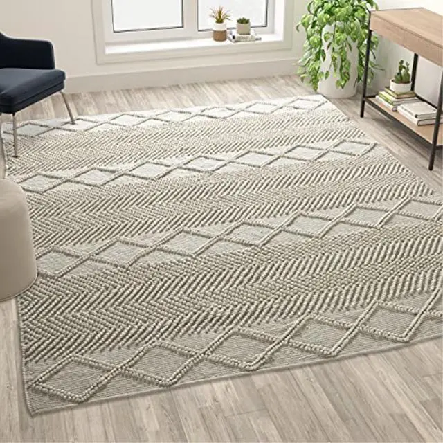 Alt view image 9 of 19 - 8' x 10' White & Ivory Geometric Design Handwoven Area Rug - Wool/Polyester/Cotton Blend