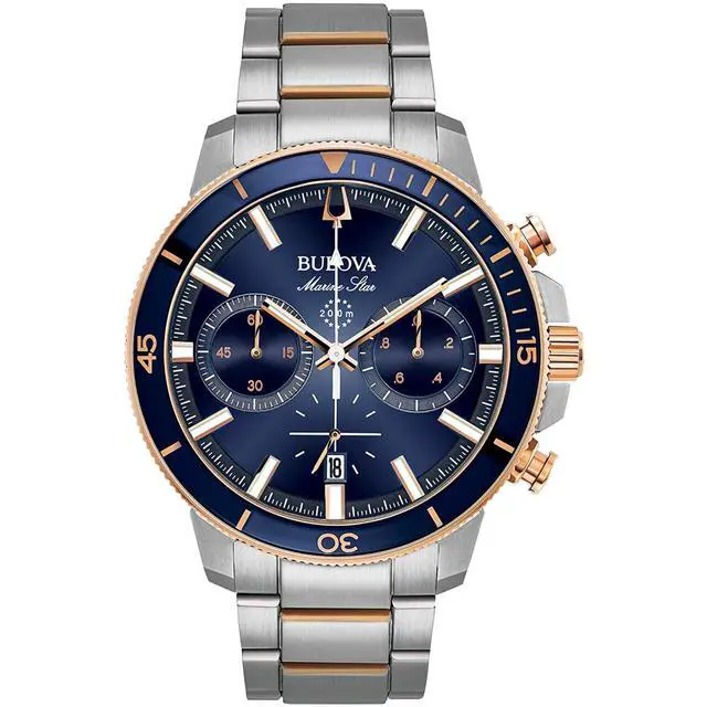 Alt view image 4 of 9 - Bulova Marine Star Chronograph Mens Two Tone Blue Dial Quartz Watch 98B301