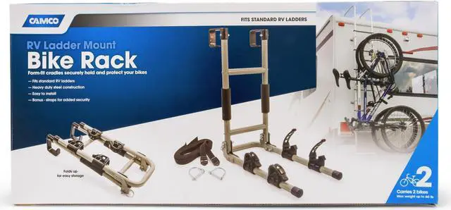 Alt view image 5 of 8 - camco rv ladder mount bike rack  easily installs on standard rv ladders, holds two bikes at once, folds for convenient storage 51492