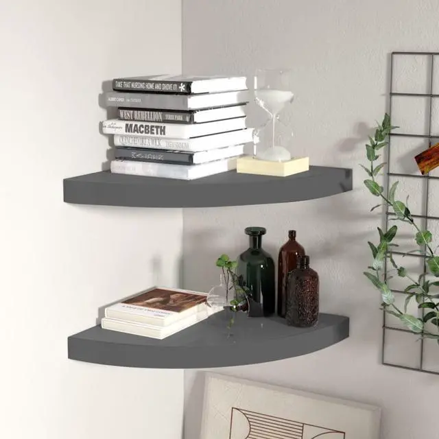Main image of vidaXL Floating Corner Shelves 2 pcs High Gloss Gray 13.8"x13.8"x1.5" MDF