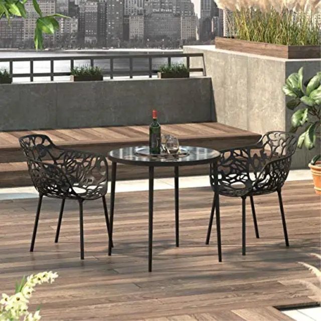 Alt view image 9 of 20 - LeisureMod Devon Tree Design Glass Top Aluminum Base Indoor Outdoor Bistro Dining Table, Black