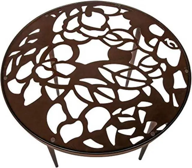 Alt view image 9 of 20 - LeisureMod Devon Tree Design Glass Top Aluminum Base Indoor Outdoor Bistro Dining Table, Brown