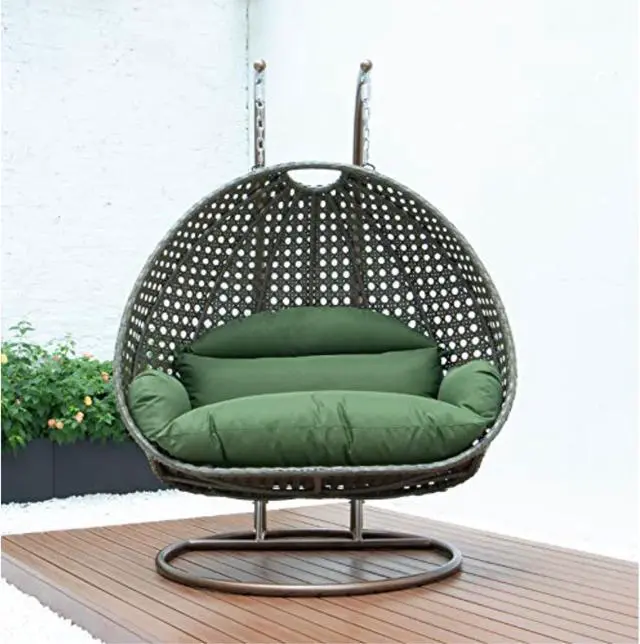 Alt view image 9 of 14 - LeisureMod Beige Wicker 2 person Double Hanging Egg Swing Chair in Dark Green