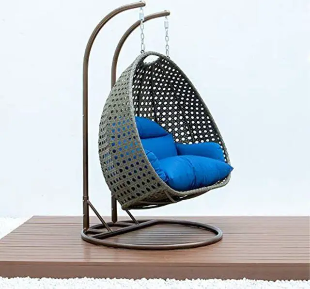 Alt view image 9 of 12 - LeisureMod Beige Wicker 2 person Double Hanging Egg Swing Chair in Blue