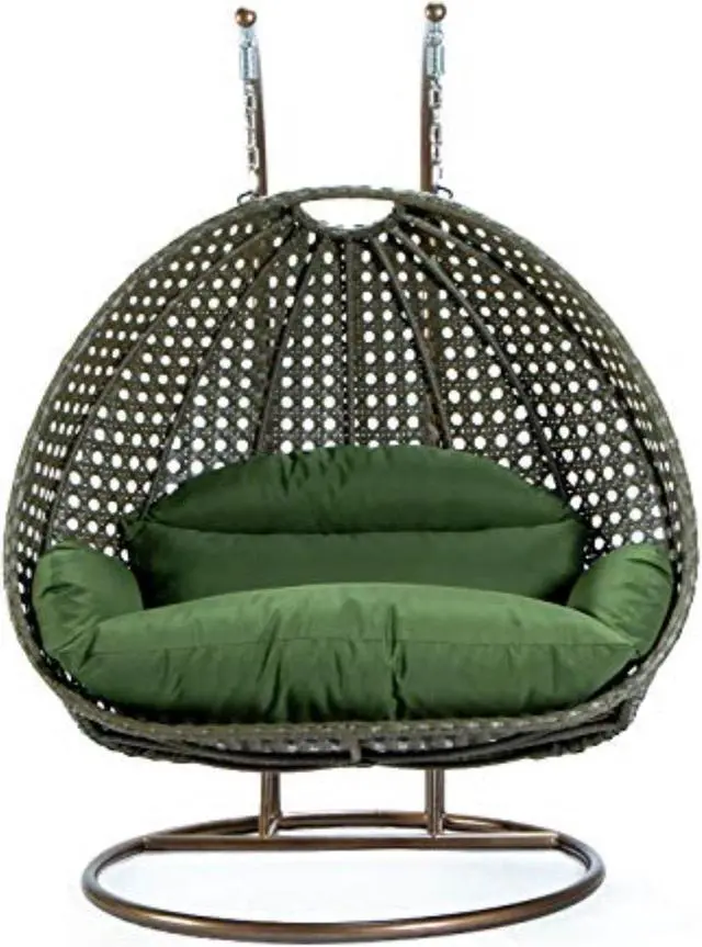 Alt view image 8 of 14 - LeisureMod Beige Wicker 2 person Double Hanging Egg Swing Chair in Dark Green