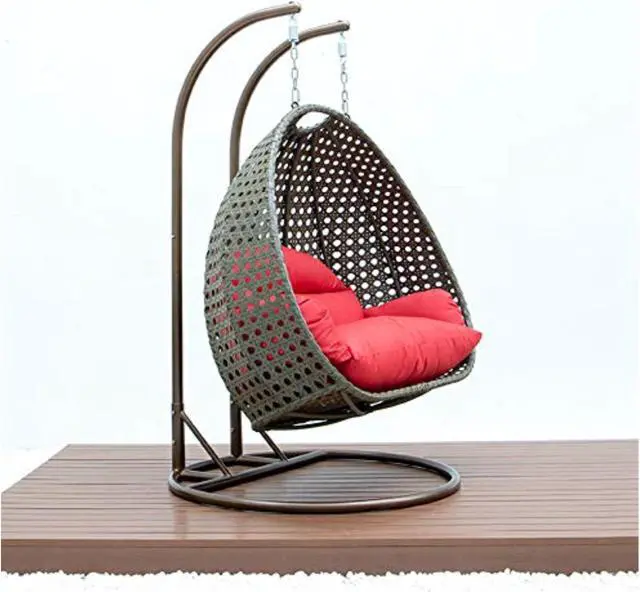 Alt view image 11 of 14 - LeisureMod Beige Wicker 2 person Double Hanging Egg Swing Chair in Red