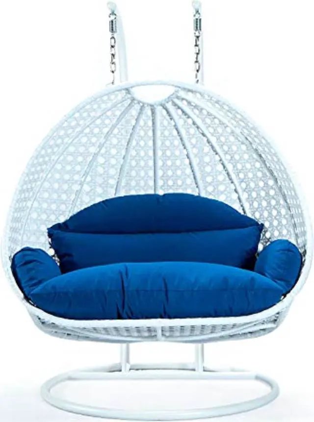 Alt view image 8 of 13 - LeisureMod White Wicker 2 person Double Hanging Egg Swing Chair in Blue