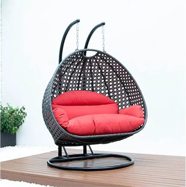 Alt view image 10 of 14 - LeisureMod Charcoal Wicker 2 person Double Hanging Egg Swing Chair in Light Grey