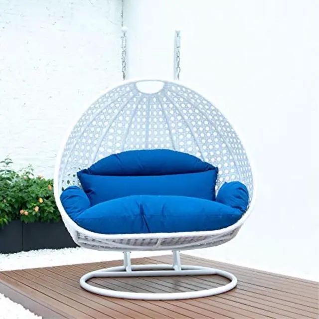 Alt view image 9 of 13 - LeisureMod White Wicker 2 person Double Hanging Egg Swing Chair in Blue