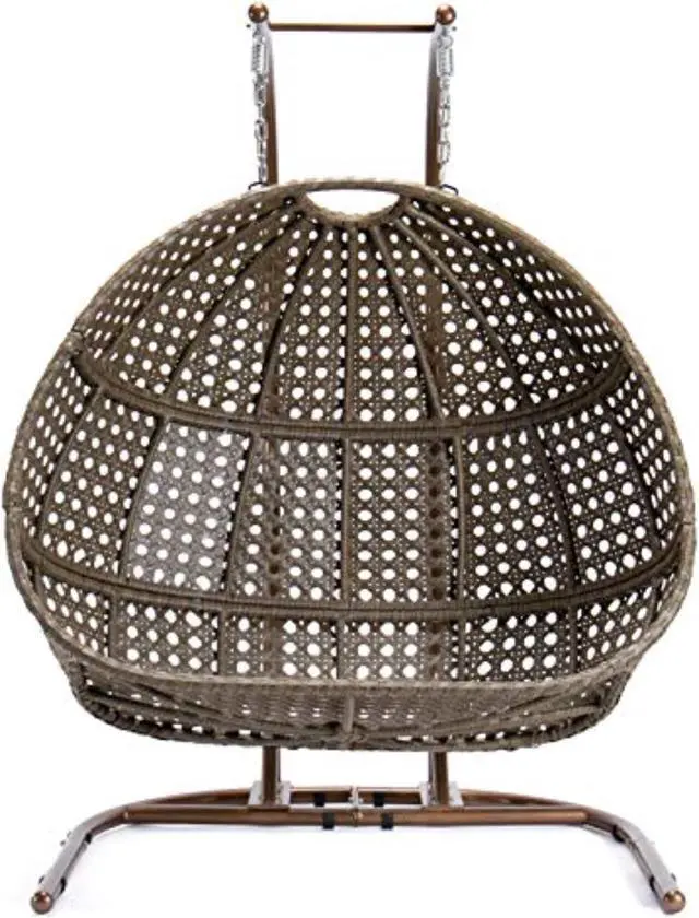 Alt view image 4 of 8 - LeisureMod Wicker 2 Person Hanging Egg Swing Chair With Cushion Indoor Outdoor Use in Charcoal Blue