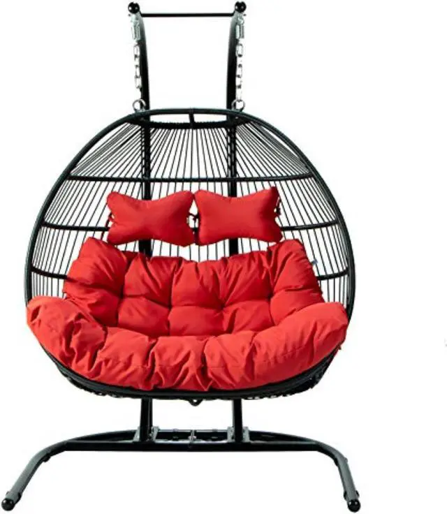 Alt view image 10 of 13 - LeisureMod Wicker 2 Person Double Folding Hanging Egg Swing Chair in Red