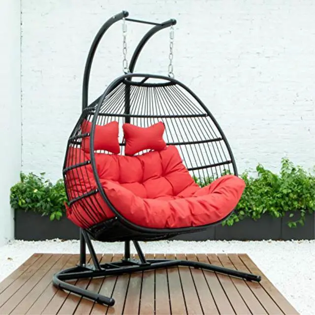 Alt view image 9 of 13 - LeisureMod Wicker 2 Person Double Folding Hanging Egg Swing Chair in Red