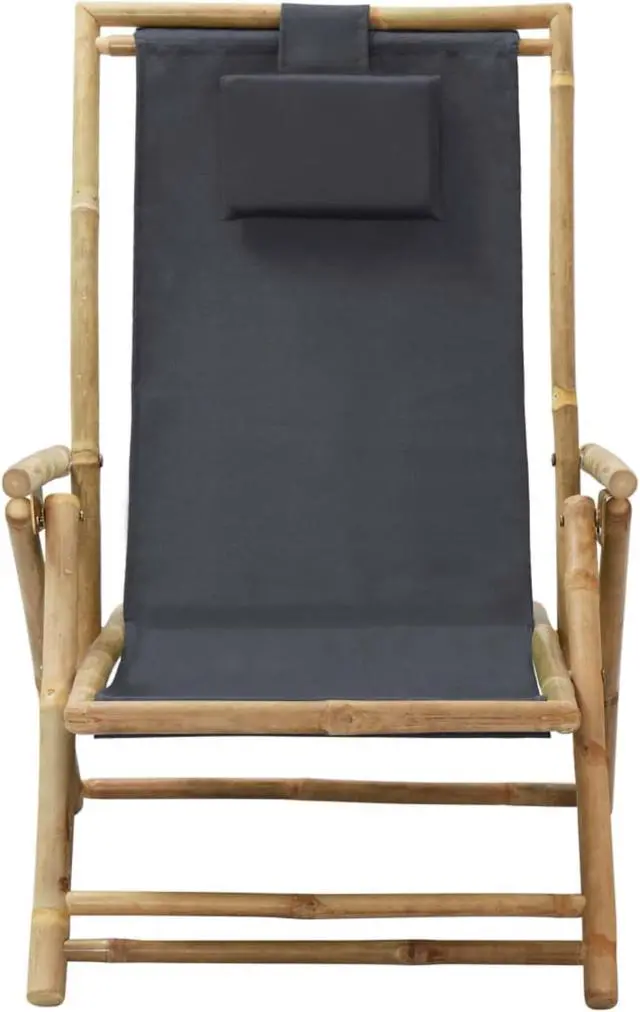 Alt view image 8 of 18 - vidaXL Patio Deck Chair Sling Chair with Headrest Dark Gray Bamboo and Fabric