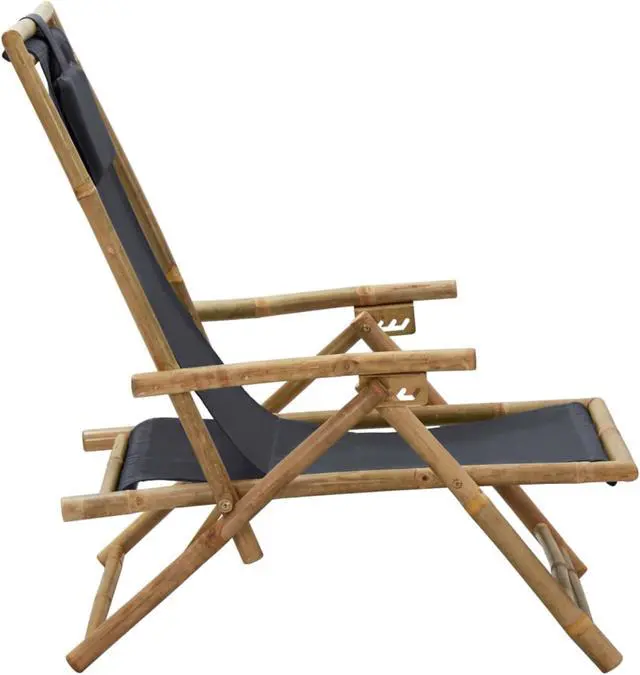 Alt view image 9 of 18 - vidaXL Patio Deck Chair Sling Chair with Headrest Dark Gray Bamboo and Fabric