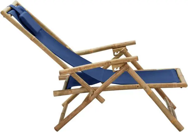 Alt view image 11 of 17 - vidaXL Patio Deck Chair Sling Chair with Headrest Navy Blue Bamboo and Fabric