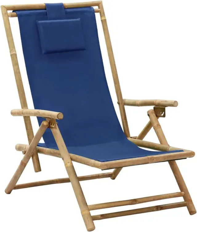 Alt view image 8 of 17 - vidaXL Patio Deck Chair Sling Chair with Headrest Navy Blue Bamboo and Fabric