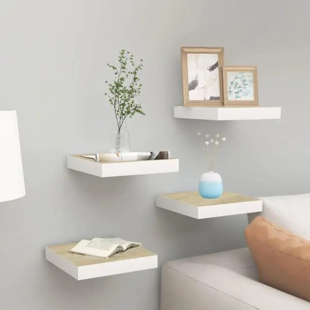 Alt view image 8 of 18 - vidaXL 4x Floating Wall Shelves Oak and White MDF Storage Display Organizer