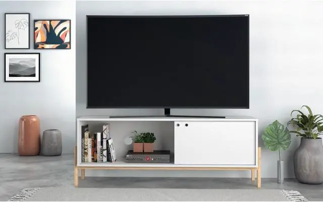 Alt view image 6 of 18 - Bowery 55.12 TV Stand with 2 Shelves in White and Oak