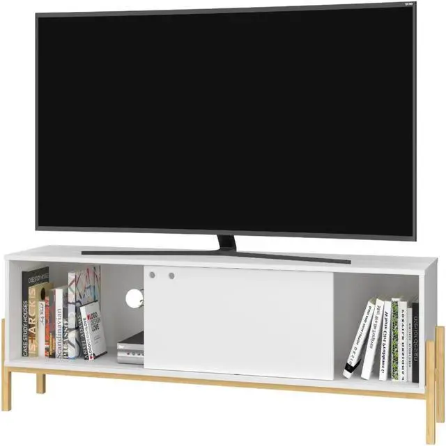 Alt view image 9 of 18 - Bowery 55.12 TV Stand with 2 Shelves in White and Oak