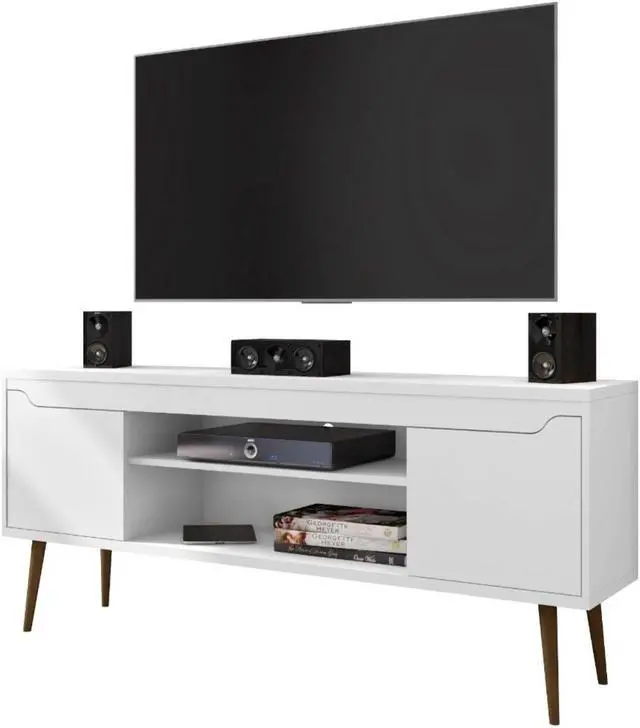 Main image of Bradley 62.99 TV Stand White  with 2 Media Shelves and 2 Storage Shelves in White  with Solid Wood Legs