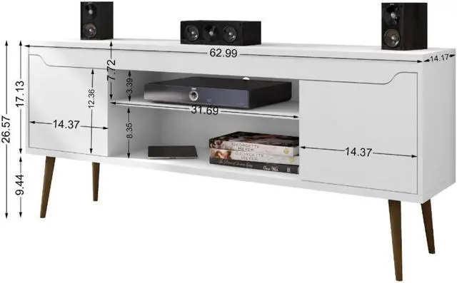 Alt view image 3 of 14 - Bradley 62.99 TV Stand White  with 2 Media Shelves and 2 Storage Shelves in White  with Solid Wood Legs