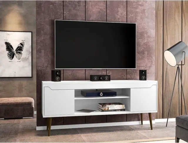 Alt view image 5 of 14 - Bradley 62.99 TV Stand White  with 2 Media Shelves and 2 Storage Shelves in White  with Solid Wood Legs