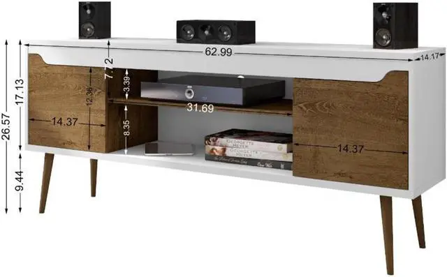 Alt view image 3 of 14 - Bradley 62.99 TV Stand White and Rustic Brown with 2 Media Shelves and 2 Storage Shelves in White and Rustic Brown with Solid Wood Legs