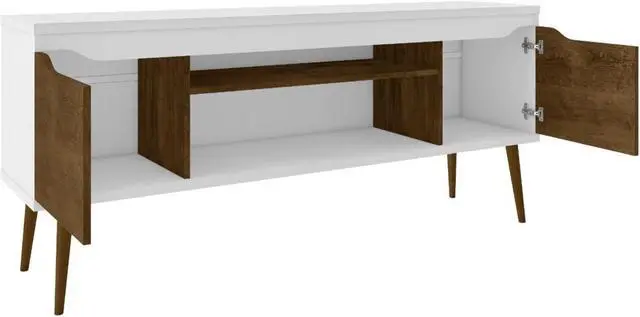 Alt view image 4 of 14 - Bradley 62.99 TV Stand White and Rustic Brown with 2 Media Shelves and 2 Storage Shelves in White and Rustic Brown with Solid Wood Legs