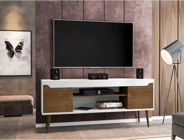 Alt view image 5 of 14 - Bradley 62.99 TV Stand White and Rustic Brown with 2 Media Shelves and 2 Storage Shelves in White and Rustic Brown with Solid Wood Legs