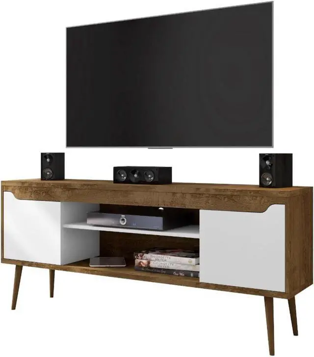 Main image of Bradley 62.99 TV Stand Rustic Brown and White  with 2 Media Shelves and 2 Storage Shelves in Rustic Brown and White  with Solid Wood Legs