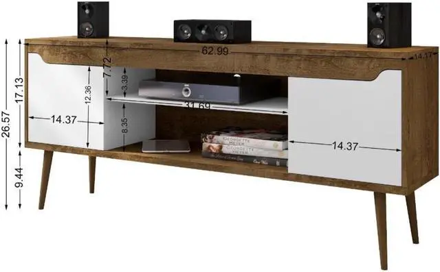 Alt view image 3 of 14 - Bradley 62.99 TV Stand Rustic Brown and White  with 2 Media Shelves and 2 Storage Shelves in Rustic Brown and White  with Solid Wood Legs
