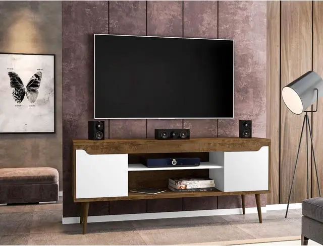 Alt view image 5 of 14 - Bradley 62.99 TV Stand Rustic Brown and White  with 2 Media Shelves and 2 Storage Shelves in Rustic Brown and White  with Solid Wood Legs
