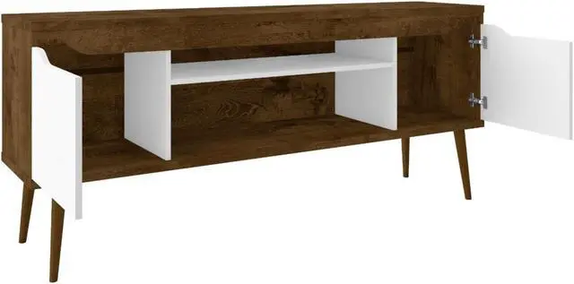 Alt view image 4 of 14 - Bradley 62.99 TV Stand Rustic Brown and White  with 2 Media Shelves and 2 Storage Shelves in Rustic Brown and White  with Solid Wood Legs