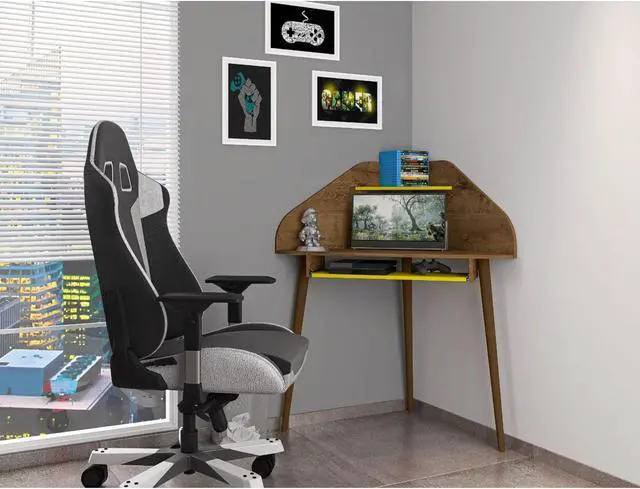 Alt view image 7 of 18 - Bradley Corner Desk with Keyboard Shelf in Rustic Brown and Yellow