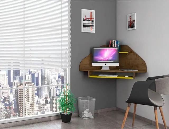 Alt view image 7 of 18 - Bradley Floating Corner Desk with Keyboard Shelf in Rustic Brown and Yellow
