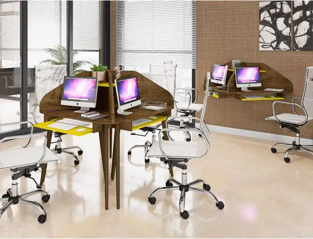 Alt view image 3 of 13 - Bradley 2-Piece Cubicle Section Desk with Keyboard Shelf in Rustic Brown and Yellow