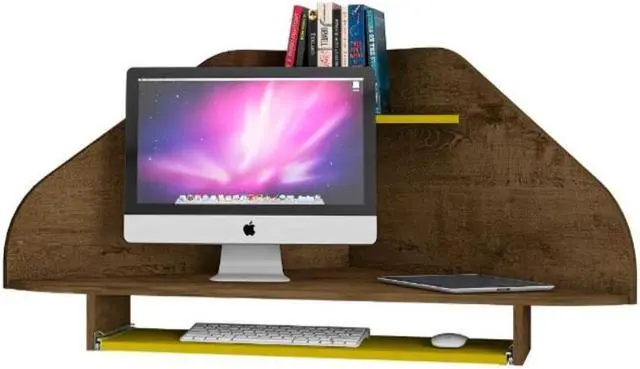 Alt view image 4 of 13 - Bradley Floating 2-Piece Cubicle Section Desk with Keyboard Shelf in Rustic Brown and Yellow